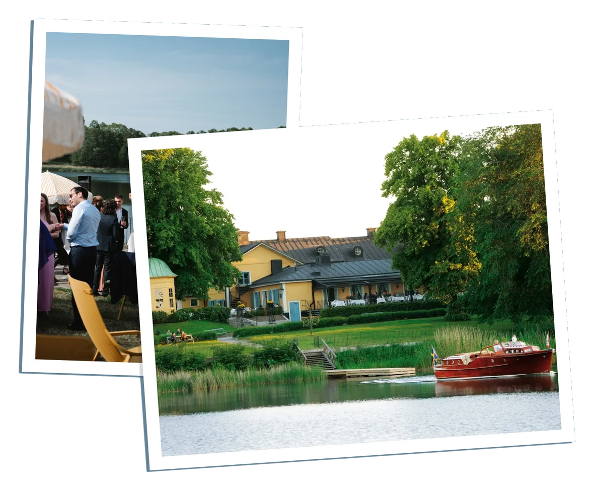 Guests at cocktail hour and the waterside setting at Stallmästaregården, Stockholm