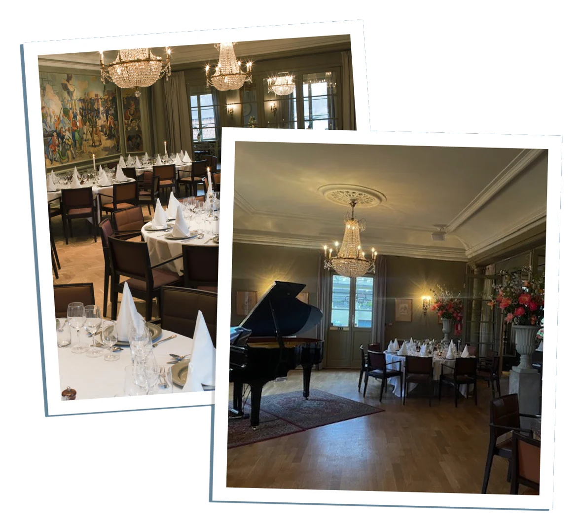 The dining rooms of Tingshuset at Stallmästaregården — chandeliers, set tables, and a grand piano