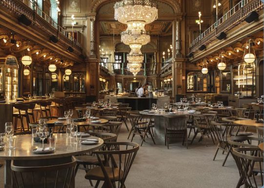 The ornate chandelier-lit salon at Berns Hotel