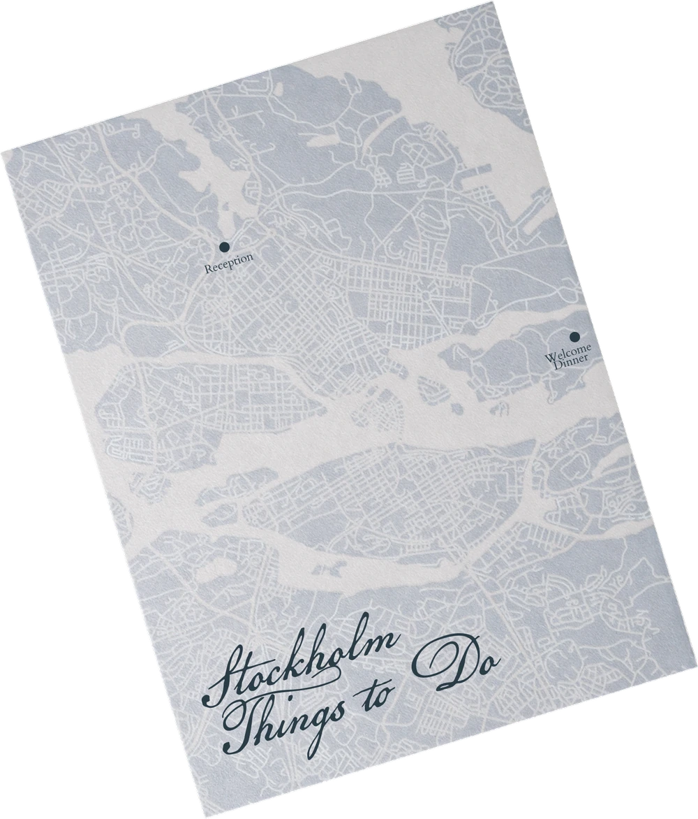 A Stockholm street-map card marked “Things to Do”, with pins for the Reception and the Welcome Dinner