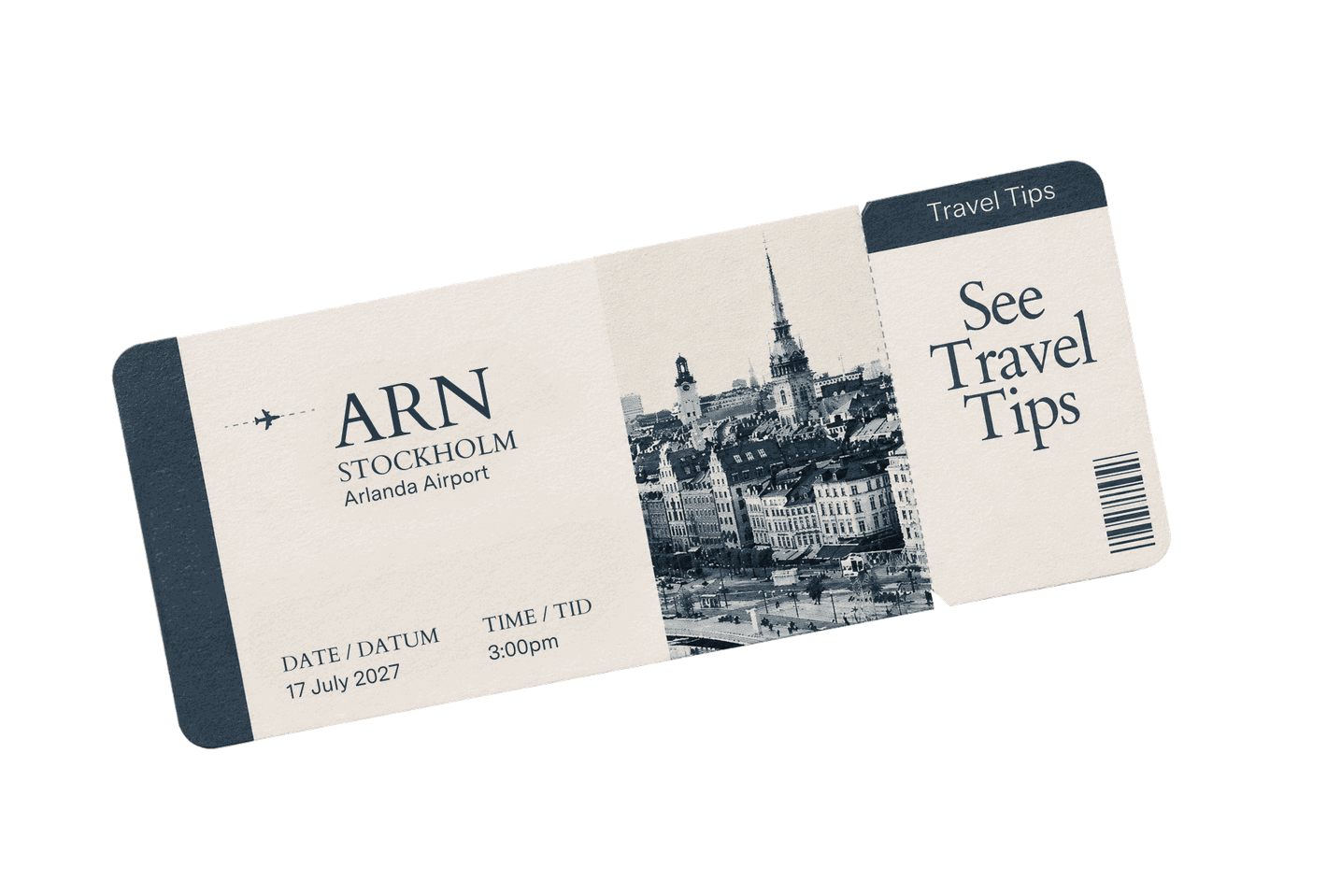 Boarding pass to ARN, Stockholm Arlanda Airport, 17 July 2027 at 3:00pm — see travel tips